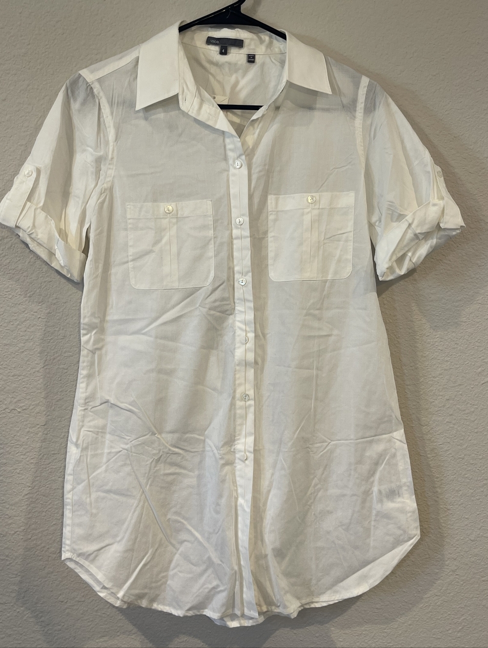 NWT VINCE Vintage Y2K Cotton White Short Sleeve Button Up Tunic Shirt Size 4